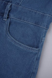 Indigo Casual Solid Patchwork Turndown Collar Short Sleeve Skinny Denim Jumpsuits