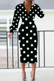 Zwarte casual stippen patchwork V-hals kokerrok plus maten jurken
