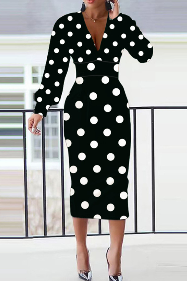 Черная повседневная юбка-карандаш в горошек с V-образным вырезом и платьями больших размеров