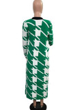 Cardigan casual verde xadrez patchwork com gola