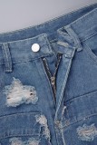Jupes en jean bleu décontracté uni déchiré patchwork fendu taille haute