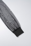 Черный сексуальный повседневный лоскутный прозрачный обтягивающий комбинезон с круглым вырезом и бисером