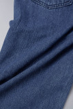 Azul profundo casual bandagem sólida escavada patchwork botões de bolso com zíper cintura média jeans regular