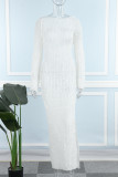 Robe longue blanche décontractée, couleur unie, dos nu, col rond