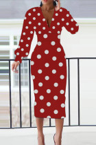 Красная повседневная юбка-карандаш в горошек с V-образным вырезом и платьями больших размеров