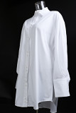 Белая повседневная однотонная лоскутная рубашка с пряжкой и воротником из двух частей с длинным рукавом