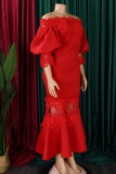 Red Elegant Solid Lace Hollowed Out Patchwork Off the Shoulder Trumpet Mermaid Dresses