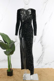 Schwarze sexy Patchwork-Pailletten, geschlitzt, langes Kleid mit V-Ausschnitt