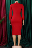 Красные повседневные однотонные пэчворк с круглым вырезом и длинным рукавом Платья больших размеров