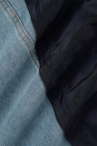 Синяя повседневная джинсовая куртка с длинными рукавами и контрастным отложным воротником в стиле пэчворк