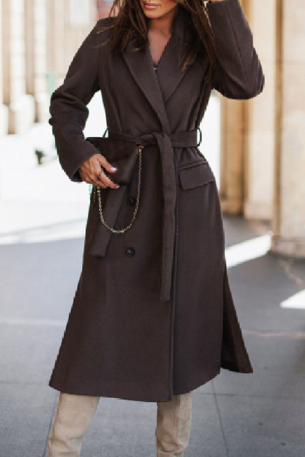 Темно-коричневый повседневный однотонный лоскутный кардиган с отложным воротником, верхняя одежда