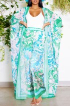 Green Casual Print Cardigan Pants Plus Size Two Pieces