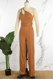Rose Red Sexy Casual Solid Backless met riem Schuine kraag Skinny jumpsuits