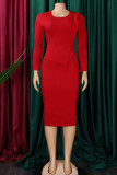 赤 カジュアル ソリッド パッチワーク Oネック ロングスリーブ プラスサイズ ドレス