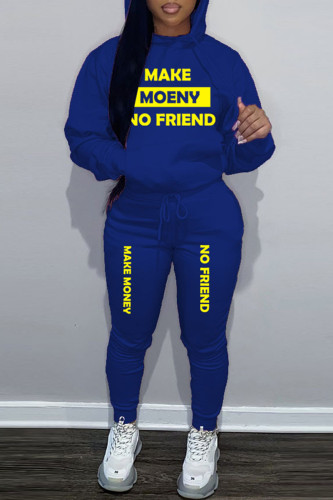 Blue Sportwear Casual Letter Print Hooded Collar Long Sleeve Sweatshirt And Draw String Pants Two Pieces Sweatsuit Sets