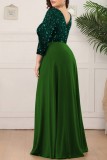 Ink Green Casual Patchwork Sequins Backless V Neck Evening Dress Plus Size Dresses