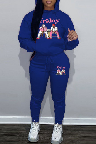 Blue Sportwear Casual Letter Print Hooded Collar Long Sleeve Sweatshirt And Draw String Pants Two Pieces Sweatsuit Sets