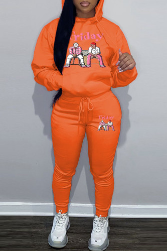 Orange Sportwear Casual Letter Print Hooded Collar Long Sleeve Sweatshirt And Draw String Pants Two Pieces Sweatsuit Sets