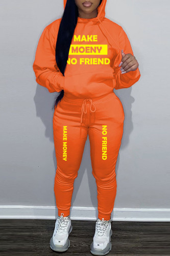 Orange Sportwear Casual Letter Print Hooded Collar Long Sleeve Sweatshirt And Draw String Pants Two Pieces Sweatsuit Sets