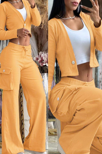 Yellow Casual Street Solid Patchwork Buttons V Neck Long Sleeve Two Pieces