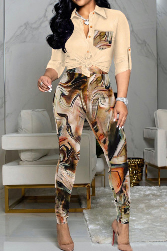 Khaki Casual Print Patchwork Buckle Turndown Collar Long Sleeve Two Pieces