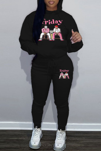 Black Sportwear Casual Letter Print Hooded Collar Long Sleeve Sweatshirt And Draw String Pants Two Pieces Sweatsuit Sets