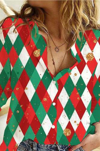 Top con colletto della camicia con fibbia patchwork con stampa casual rosso verde