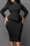 Black Casual Solid Patchwork O Neck Long Sleeve Plus Size Dresses