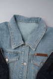Giacca di jeans regolare a maniche lunghe con colletto rovesciato a contrasto casual blu patchwork