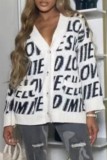 White Casual Letter Patchwork V Neck Outerwear