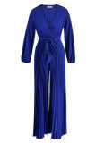Blue Casual Solid Frenulum Pleated V Neck Plus Size Jumpsuits