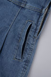 Темно-синие сексуальные повседневные однотонные джинсовые комбинезоны без рукавов с открытой спиной на тонких бретелях без рукавов