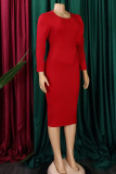 Красные повседневные однотонные пэчворк с круглым вырезом и длинным рукавом Платья больших размеров