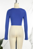 Blue Casual Solid Basic O Neck Tops
