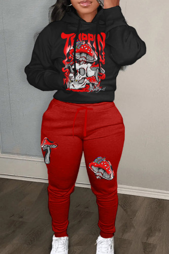 Black Red Sportwear Casual Graphics Print Hooded Collar Long Sleeve Sweatshirt And Draw String Pants Two Pieces Sweatsuit Sets