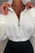 White Casual Solid Basic Zipper Collar Tops