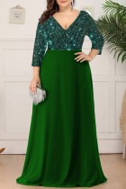 Tintengrünes, lässiges, rückenfreies Patchwork-Pailletten-Abendkleid mit V-Ausschnitt und Kleider in Übergröße