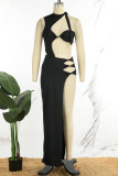 Черное сексуальное вечернее элегантное простое вечернее платье с разрезом и асимметричным вырезом