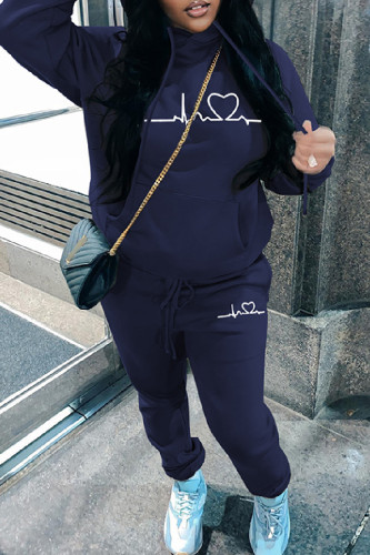 Navy Blue Casual Print Basic Hooded Collar Long Sleeve Two Pieces