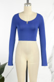 Blue Casual Solid Basic O Neck Tops