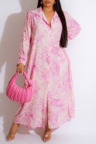 Rosafarbenes, lässiges Patchwork-Hemdkragen-langes Kleid mit lässigem Druck und Kleider in Übergröße (abhängig vom tatsächlichen Objekt)