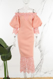 Roze casual effen uitgeholde patchwork off-shoulder lange jurkjurken