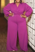 Purple Casual Solid Basic V Neck Plus Size Two Pieces