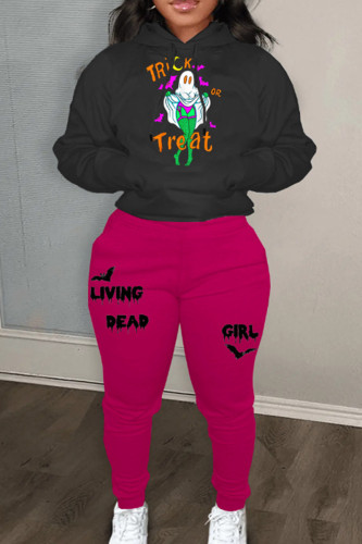Black Sportwear Casual Letter Print Hooded Collar Long Sleeve Sweatshirt And Draw String Pants Two Pieces Sweatsuit Sets