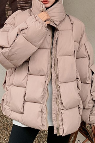 Prendas de abrigo casual sólido patchwork cremallera medio cuello alto rosa
