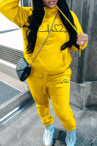 Желтый Повседневный принт Классический Воротник с капюшоном Длинный рукав Из двух частей