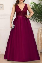 Rose rouge sexy formelle patchwork paillettes col en V robe longue robes de grande taille