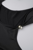 Zwarte sexy feest elegante eenvoud formele spleet uitgesneden asymmetrische jurken