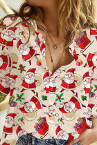 Top con colletto della camicia con fibbia patchwork con stampa casual di Babbo Natale