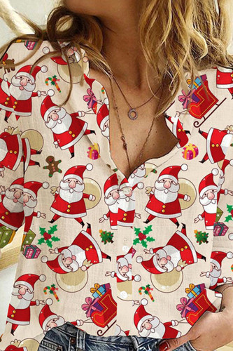 Top con colletto della camicia con fibbia patchwork con stampa casual di Babbo Natale